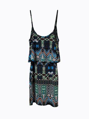 Tiered Popover Mini Dress S Black Abstract Print Y2K Boho Chic Euro Summer Y2K
